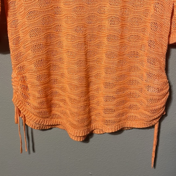Chico’s - light orange wavy open weave 3/4 sleeve sweater w/ gathered tie sides - Picture 6 of 11